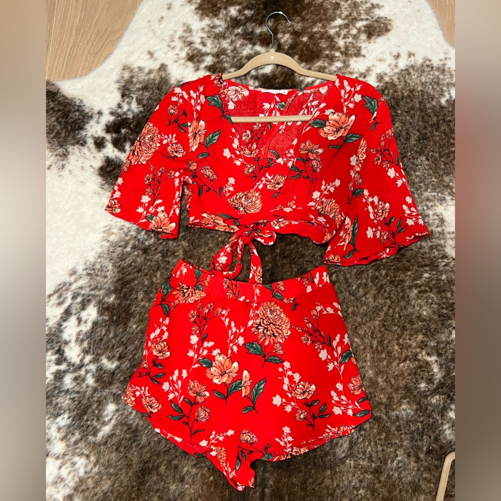 Floral Red Wrap Crop Top and Shorts set